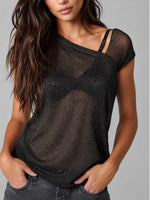 Women's Black Off-shoulder Mesh Shiny Knitted Top
