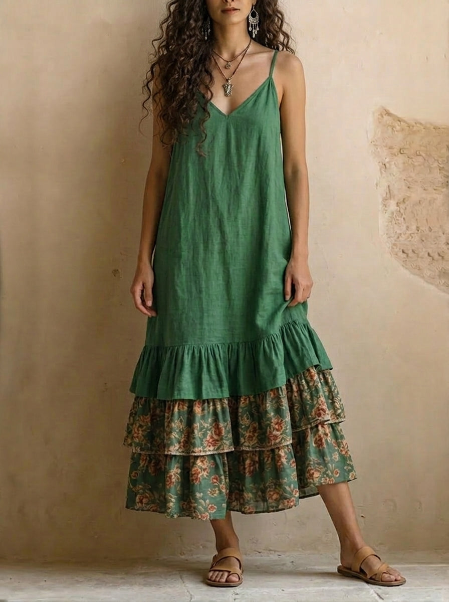 Vestido largo de mujer con tirantes, volantes multicapa y bolsillos