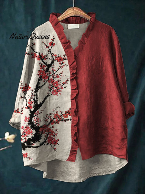 Red Plum Blossom Japanese Art Contrast Ruffle Trim Linen Blouse