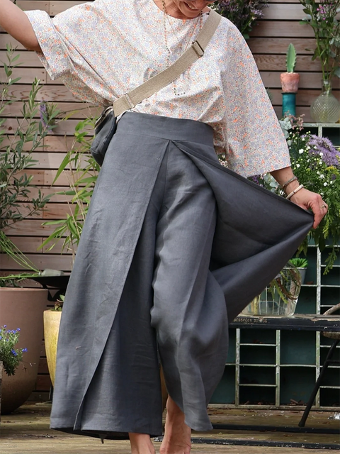 Alex Wrap Slit Linen Pants with Elastic Waist
