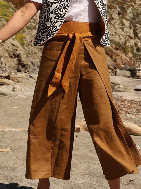 Alex Wrap Slit Linen Pants with Elastic Waist