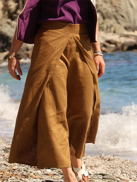 Alex Wrap Slit Linen Pants with Elastic Waist