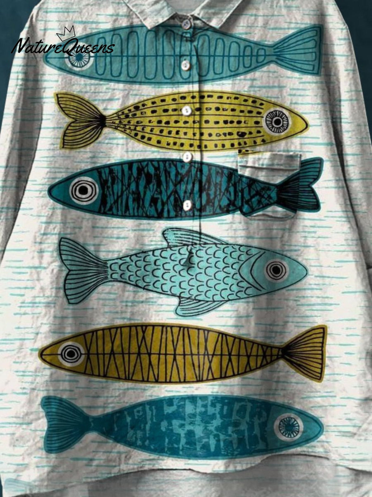 Fish Printed Women's Casual Cotton And Linen Shirt