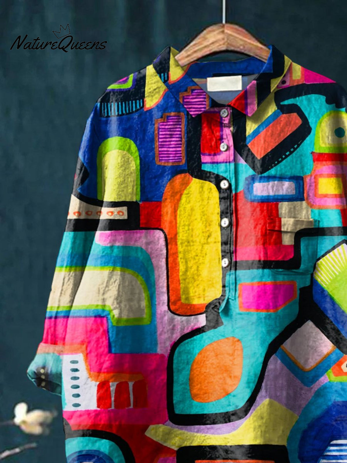 Women's Abstrct ArtPrint Casual Cotton And Linen Shirt