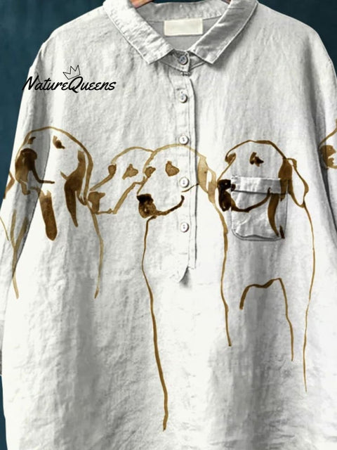 Women's Cute Dog Art Print Casual Cotton And Linen Shirt