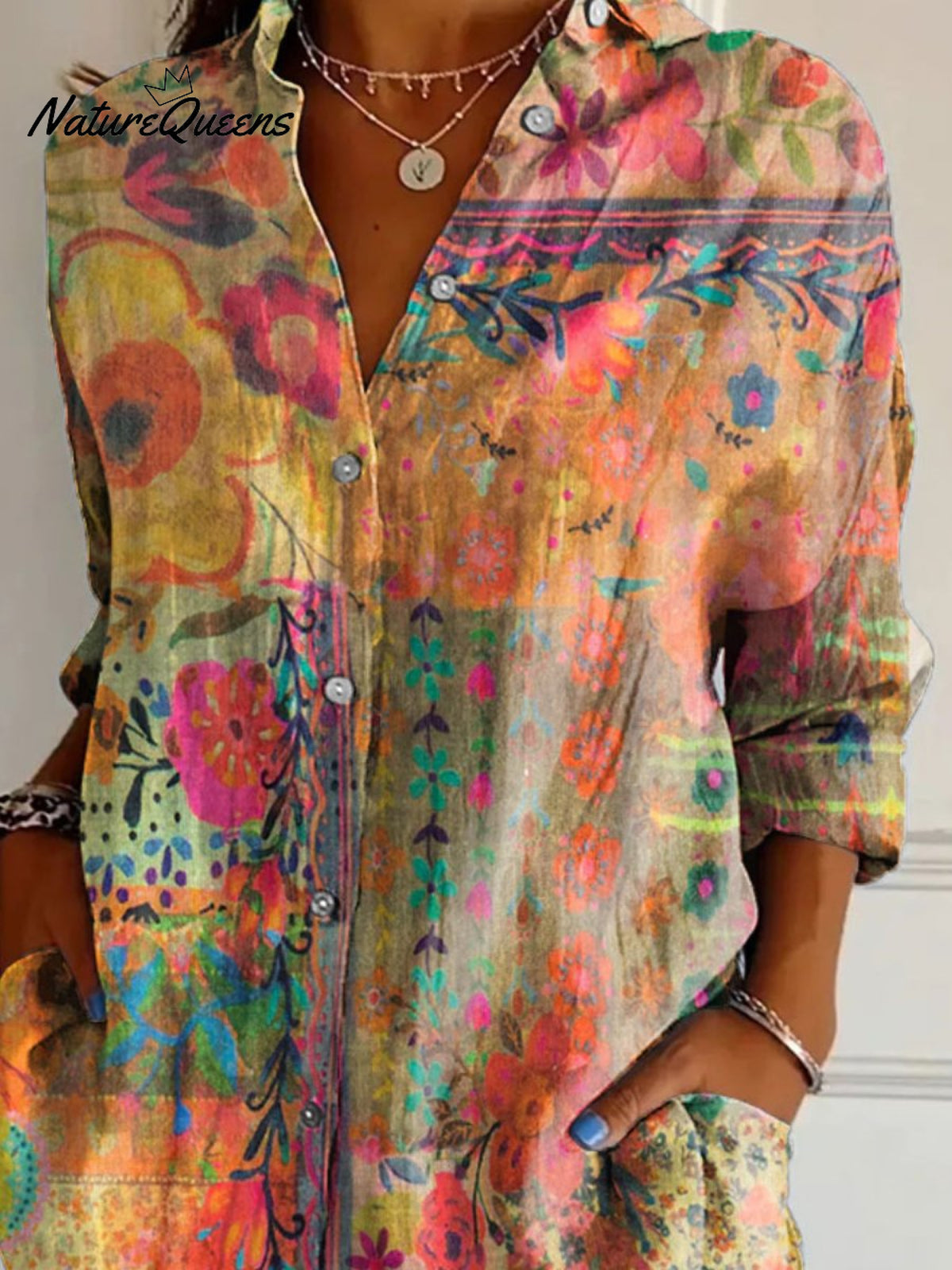 Women's Vintage Flower Print Casual Cotton Shirt