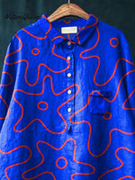Women's Abstrct Flower Art Print Casual Cotton And Linen Shirt