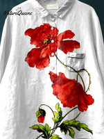 Women's Red Poppy Flower Art Print Casual Cotton And Linen Shirt