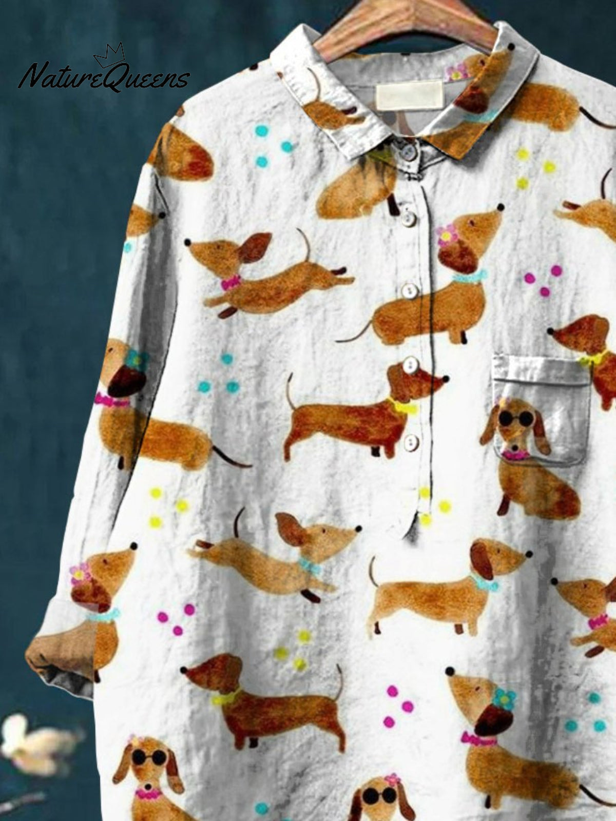 Women's Dog Flower Print Casual Cotton And Linen Shirt