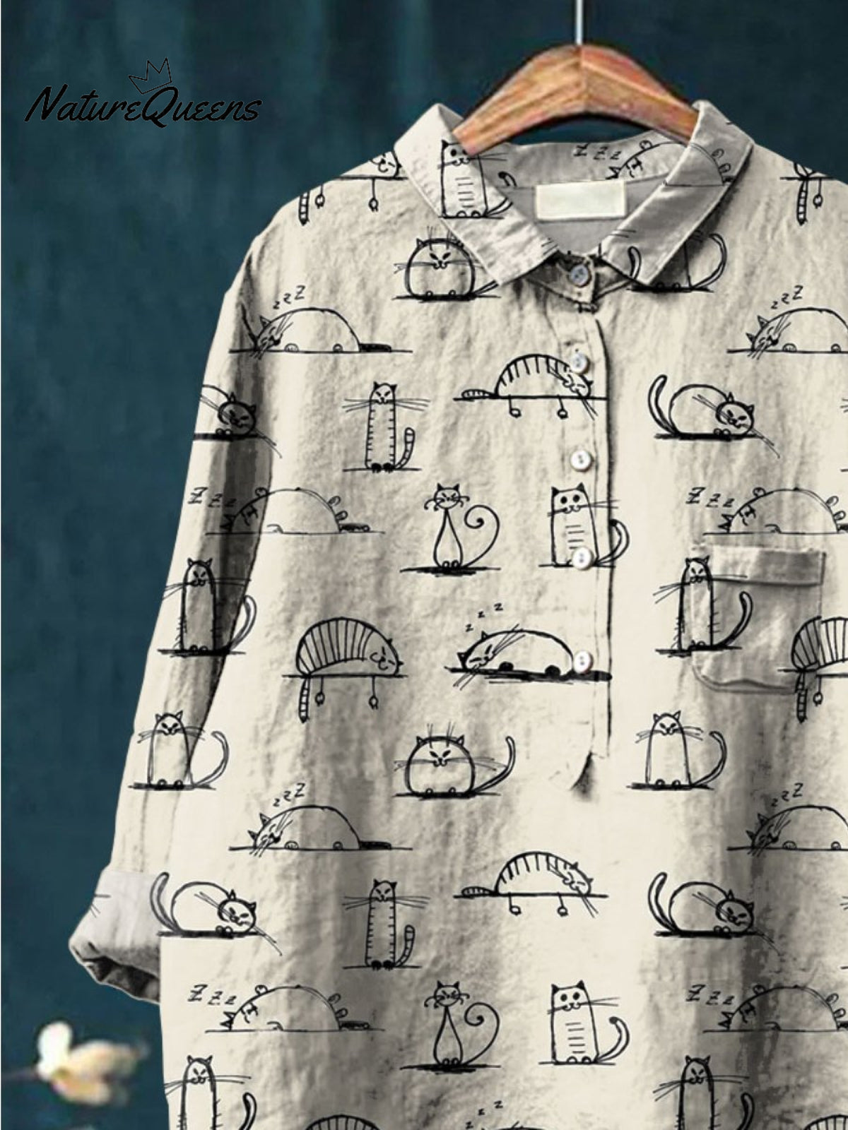 Women's Cat Art Print Casual Cotton And Linen Shirt