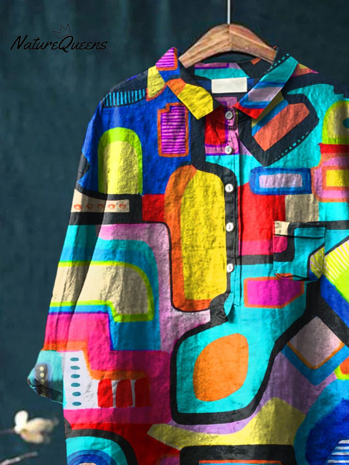 Abstrct Art Printed Women's Casual Cotton And Linen Shirt