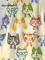Women's Cute Cat Art Print Linen Pocket Skirt