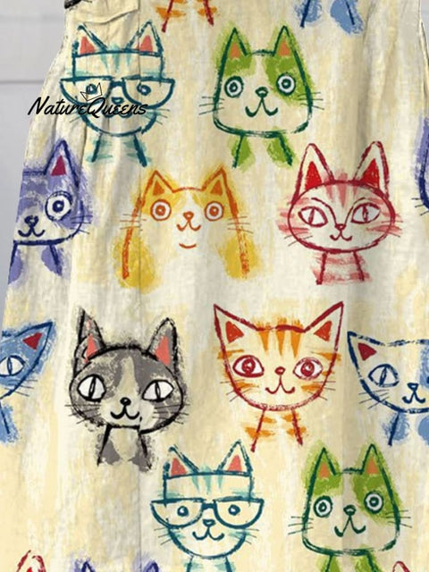 Women's Cute Cat Art Print Linen Pocket Skirt