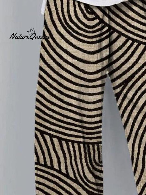 Women's Hand Drawn Round Line Printed Cotton And Linen Casual Pants