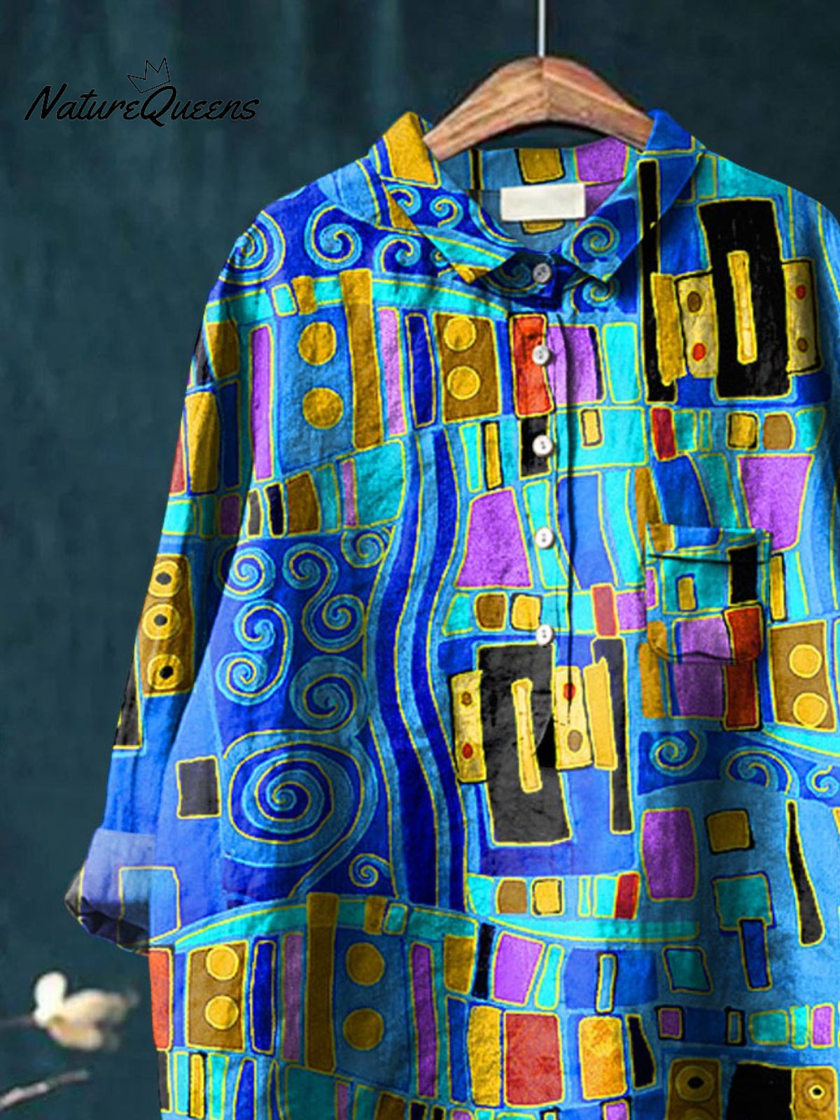 Abstrct Art Printed Women's Casual Cotton And Linen Shirt