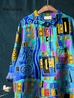 Abstrct Art Printed Women's Casual Cotton And Linen Shirt