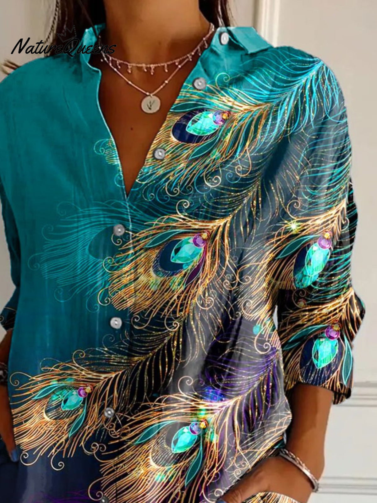 Women's Peacock Feathers Art Print Casual Cotton Shirt