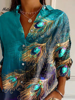 Women's Peacock Feathers Art Print Casual Cotton Shirt
