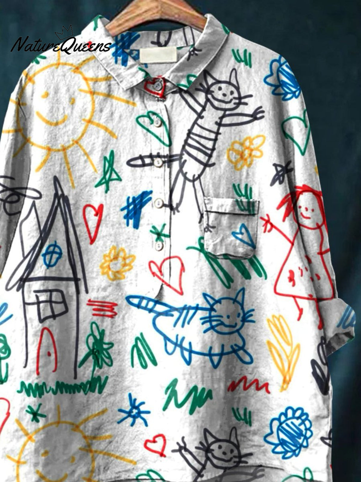 Cute Kid Drawing Art Printed Women's Casual Cotton And Linen Shirt