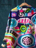 Abstrct Art Printed Women's Casual Cotton And Linen Shirt