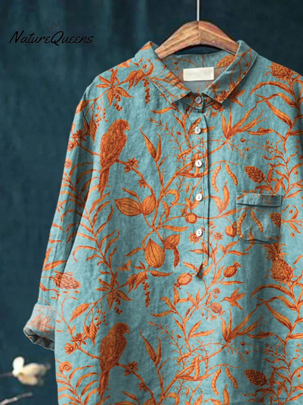 Vintage Bird Flower Art Print Casual Cotton And Linen Shirt