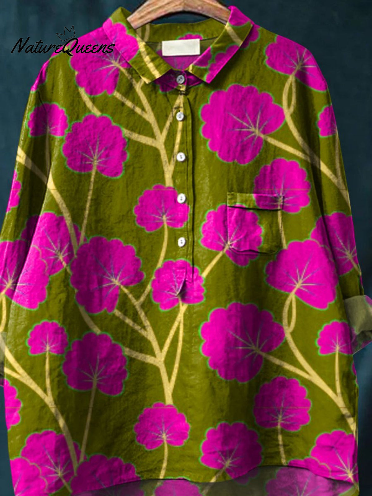 Women's Vintage Flower Art Print Casual Cotton And Linen Shirt