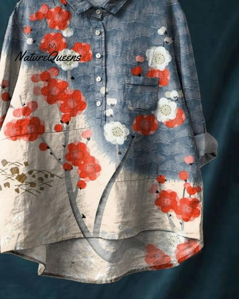 Women's Japanese Art Art Print Casual Cotton And Linen Shirt
