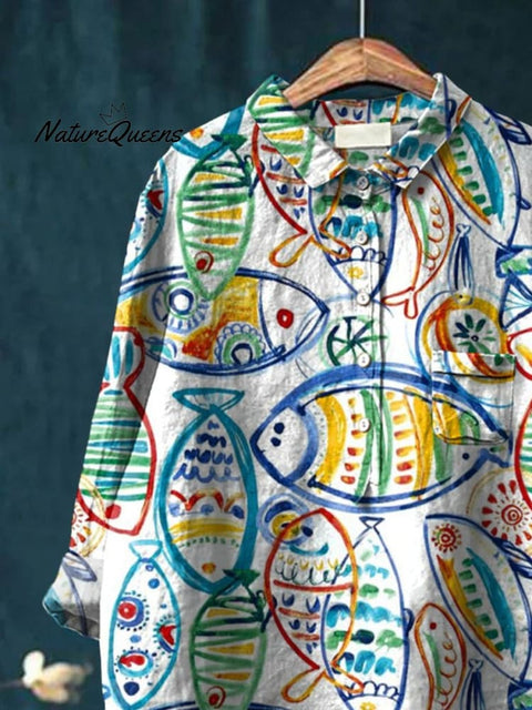 Women's Fish Art Print Casual Cotton And Linen Shirt