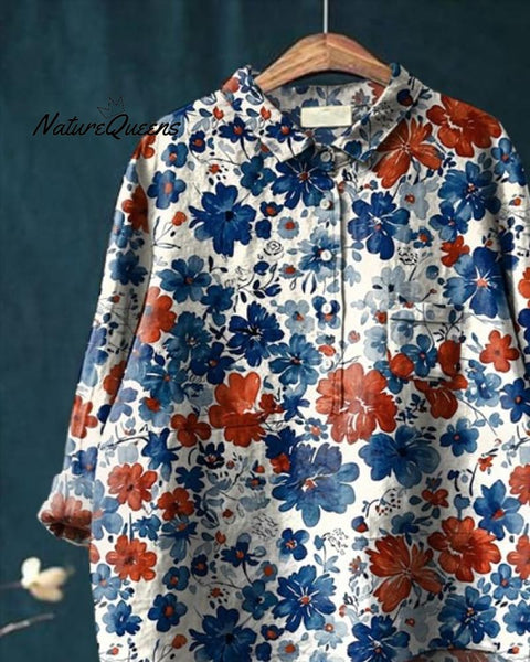 Women's Flower Print Casual Cotton And Linen Shirt