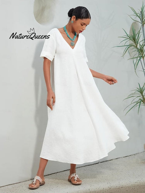 Cotton Linen A Line Solid Maxi Dress