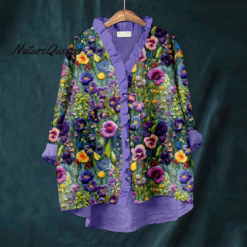 Elegant Violet Wildflower Embroidery Art Ruffle Trim Linen Blouse