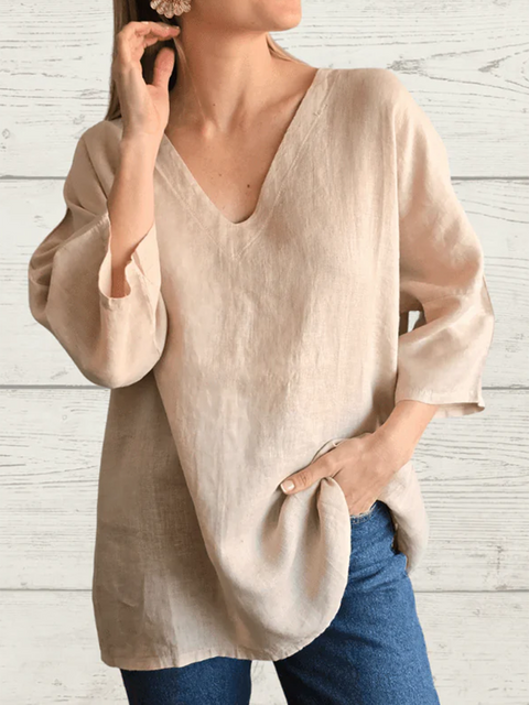 Basic V-neck Long-sleeved Cotton and Linen Top