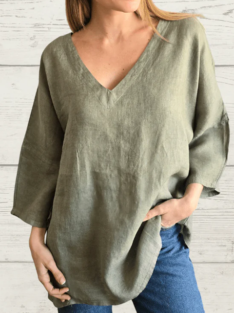Basic V-neck Long-sleeved Cotton and Linen Top