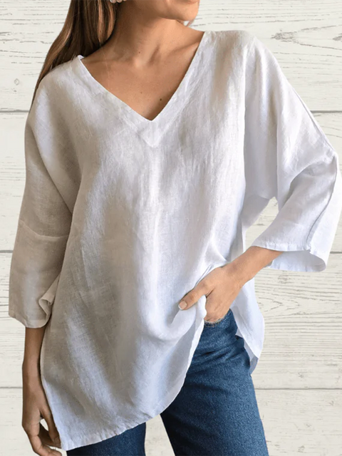 Basic V-neck Long-sleeved Cotton and Linen Top