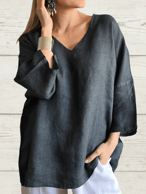 Basic V-neck Long-sleeved Cotton and Linen Top