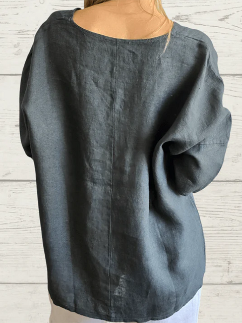 Basic V-neck Long-sleeved Cotton and Linen Top