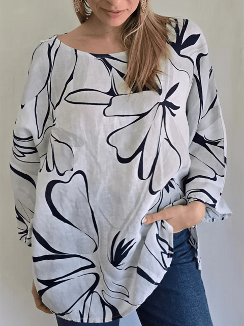 Flower Bloom Cotton and Linen Long-Sleeved Top
