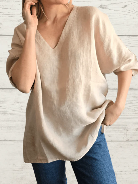 Basic V-neck Long-sleeved Cotton and Linen Top