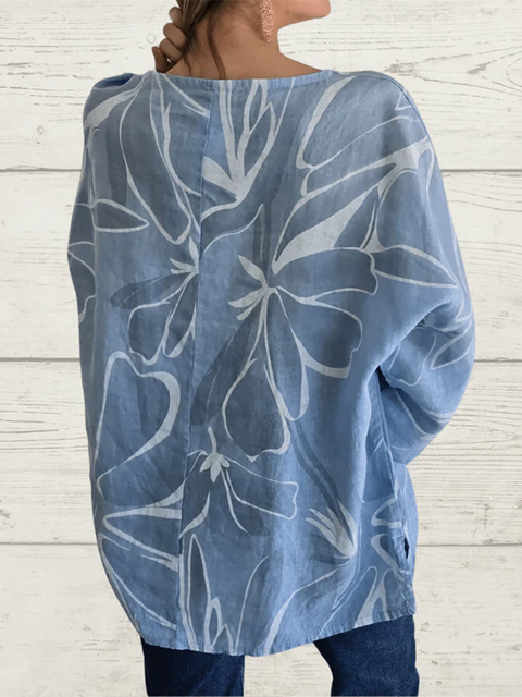 Flower Bloom Cotton and Linen Long-Sleeved Top