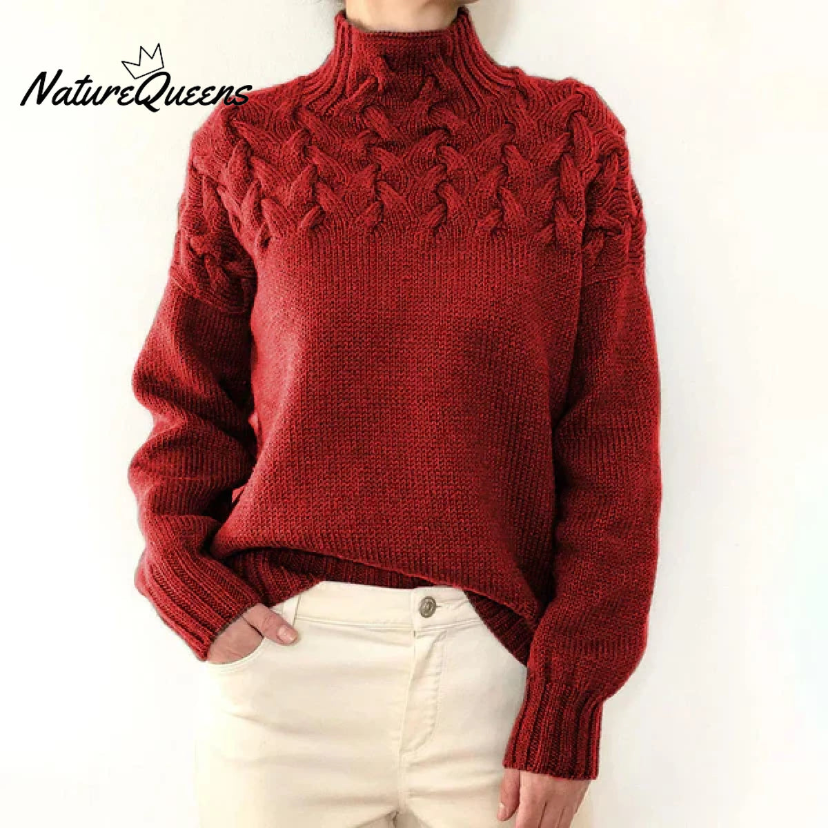 Women’s Braided High-Neck Warm Knit Sweater