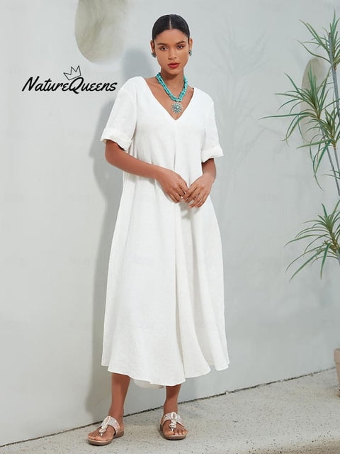 Cotton Linen A Line Solid Maxi Dress