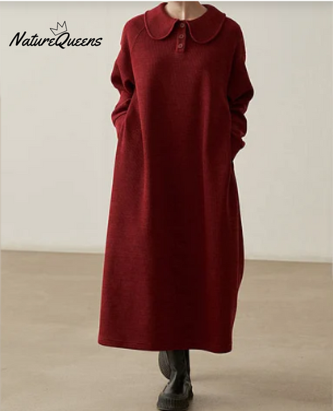 Loose Wine Red Pockets Cozy  Cotton Knit Long Dresses Fall
