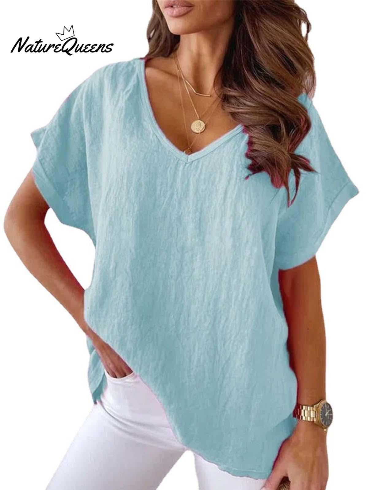 Solid V Neck Casual Top Blue / S