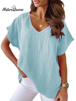 Solid V Neck Casual Top Blue / S