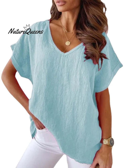 Solid V Neck Casual Top Blue / S