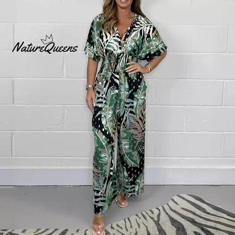 New summer women's forest print urban vacation loose casual wide-leg jumpsuit