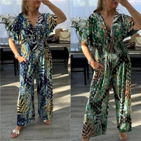 New summer women's forest print urban vacation loose casual wide-leg jumpsuit