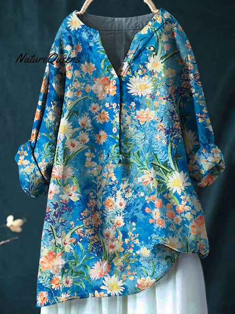 Rétro Boho Floral Art Imprimé Col En V Bouton Lâche Chemise À Manches Longues