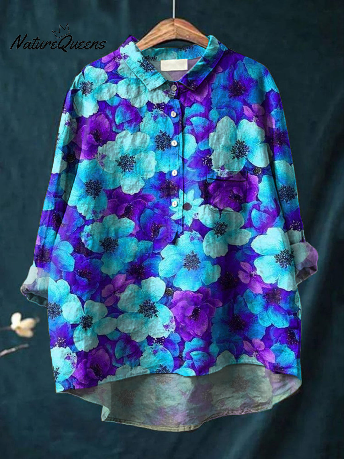 Femmes Vintage Floral Art Print Casual coton et lin col rond bouton poche Midi manches chemise Top