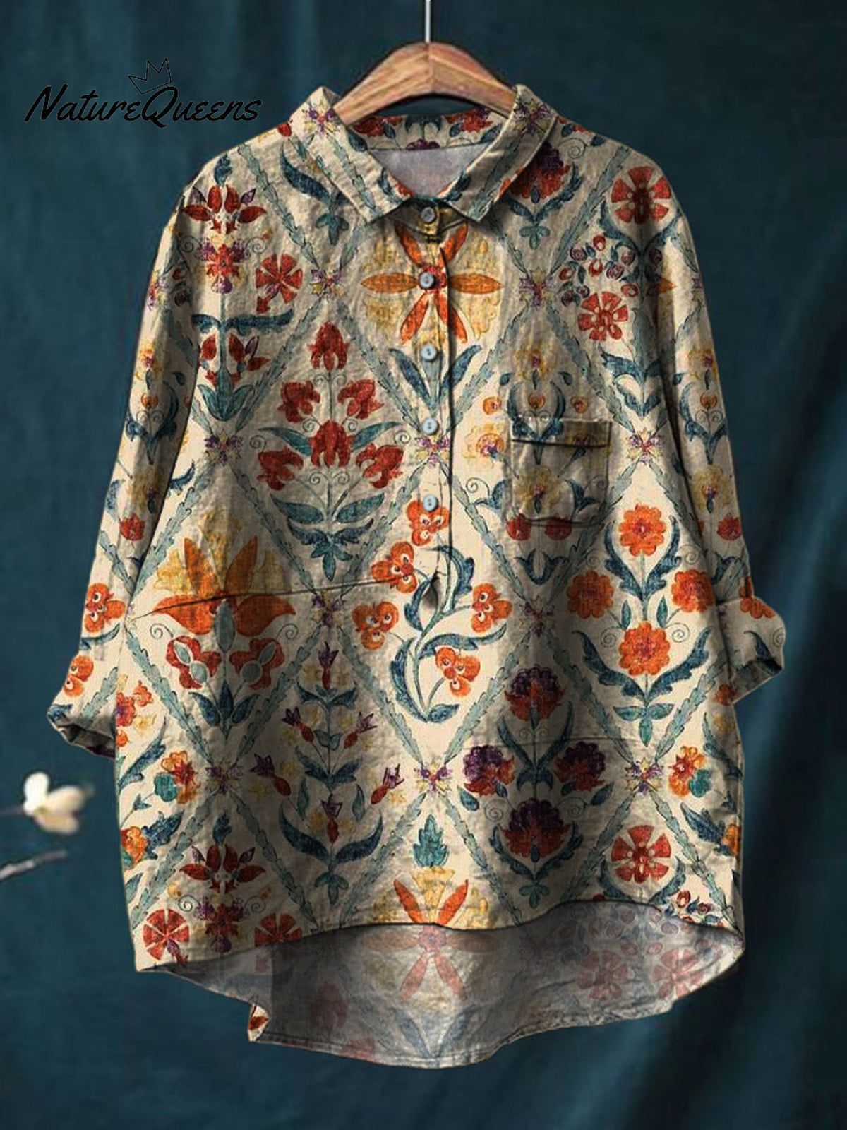 Rétro Floral Art Imprimé Col Rond Bouton Poche Lin Mi Chemise à Manches Longues